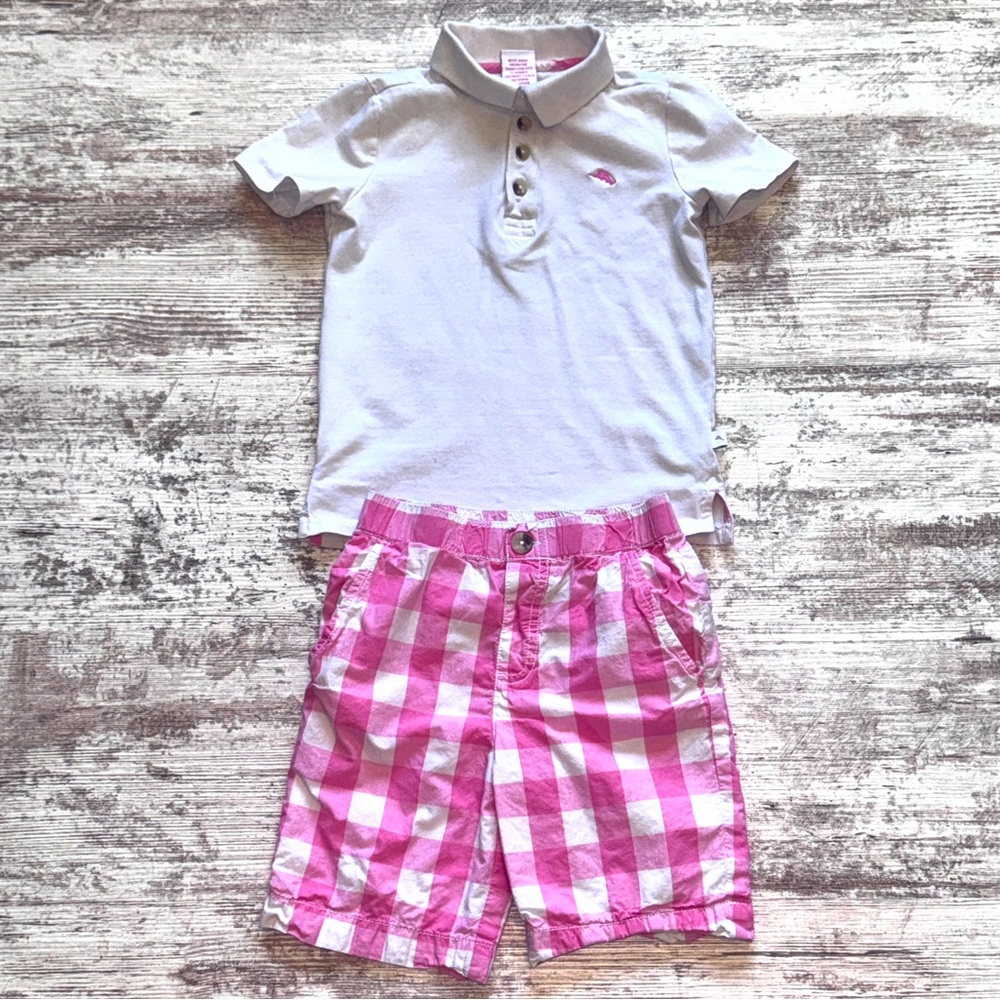 Tommy Bahama White Polo Shirt & Pink‎ plaid short set girls size 4t